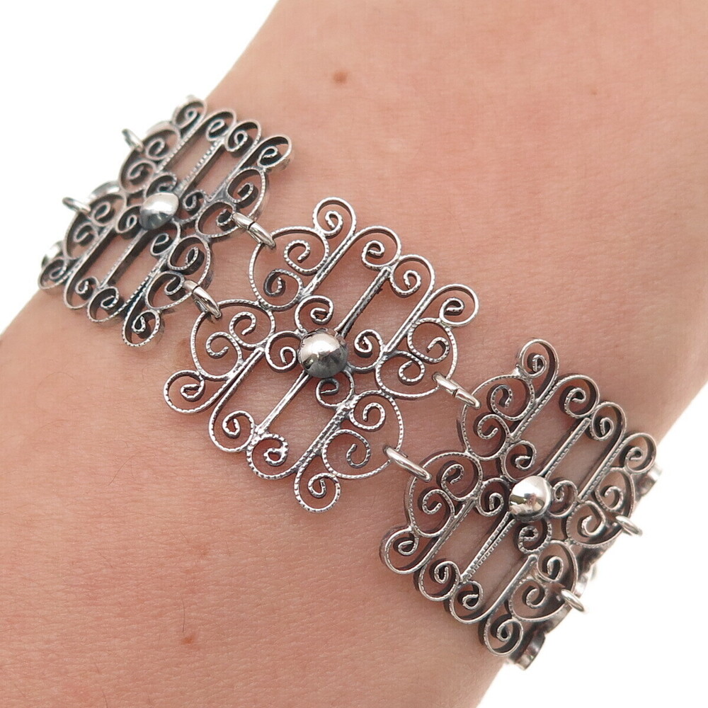 835 Silver Antique Art Deco Floral Filigree Panel Link Oxidized Bracelet 7.25"